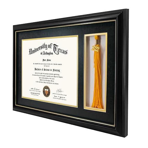 GraduationMall 11x17 Black Wood Diploma Frame with Tassel Holder for 8.5x11 Certificate Document,Real Glass,Black over Gold Mat thumbnail 4