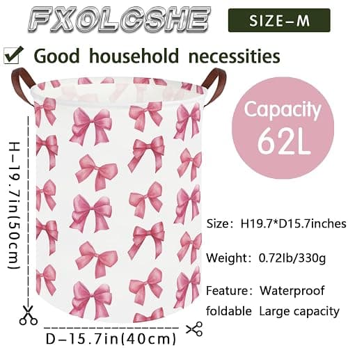 FXOCSHE Bow laundry basket for girls,Nursery Hamper,Pink Laundry Hamper,Waterproof collapsible canvas laundry basket for girls,Pink Girls Laundry Basket,Living Room Decor(Bowknot) thumbnail 3