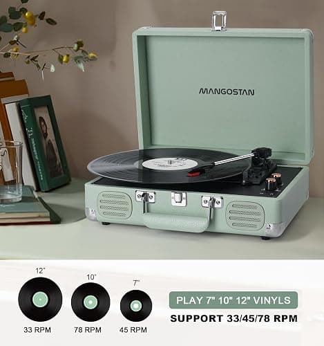 MANGOSTAN Record Player 3 Speed Bluetooth Portable Suitcase, Vinyl Phonograph with Built-in Bass & Speakers, Belt-Driven LP Player Support AUX-in RCA Line Out Headphone Jack, Green thumbnail 4