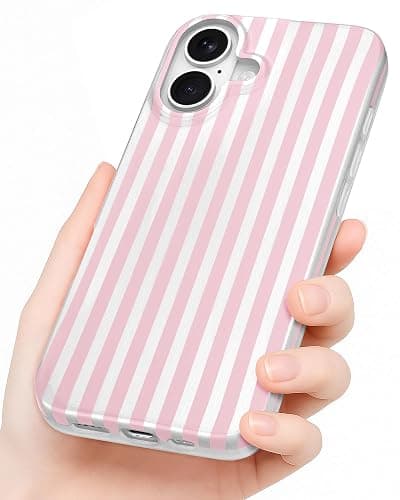 Compatible with iPhone 16 Case, with Aesthetics Striped Design Case for Women Girl, Cute Fashion Simple Soft TPU Slim Protection Phone Case for iPhone 16 6.1'' - Light Pink & White - Image 1