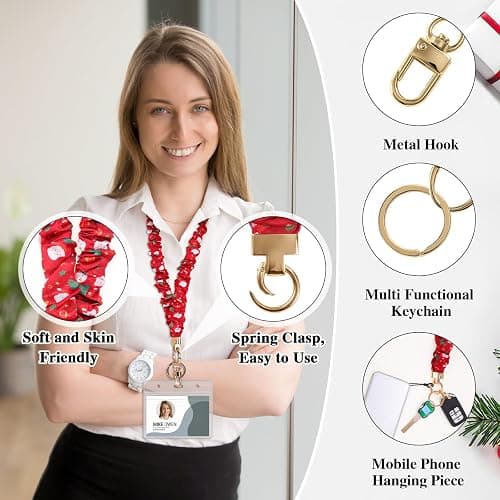 Christmas Scrunchie Lanyard with ID Holder Teacher Gifts Lanyards | Stretchy lanyard design with gold metal buckle for badge holder, keys, cruise cards, school, and office wear thumbnail 6
