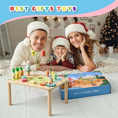 wingyz Activity Table, 6 in 1 Wooden Montessori Activity Center with Bead Maze Shape Sorter Fishing Game, Kids Sensory Play Table Toddler Toys 1st Birthday Gifts Boy Girl(Morandi-Square) thumbnail 2