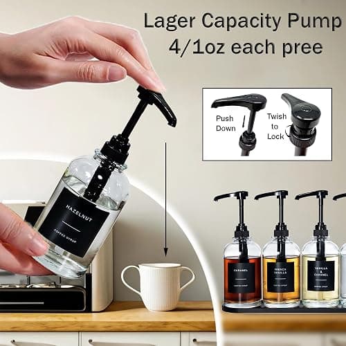 Coffee Syrup Dispenser for Coffee Bar, Glass Syrup Dispenser with 1/4oz Large Capacity Pump, Coffee Syrup Pump Dispenser Bottle for Coffee Station, Coffee Bar Organizer, Black with Tray,16.9oz thumbnail 4