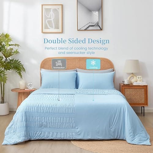 Cozy Bliss Seersucker Cooling Comforter Queen Size, Q-Max 0.45 Reversible Lightweight Cooling Blanket, Breathable Silk Smooth Summer Bedding Quilt for Hot Sleepers Night Sweats Cold Blue thumbnail 4