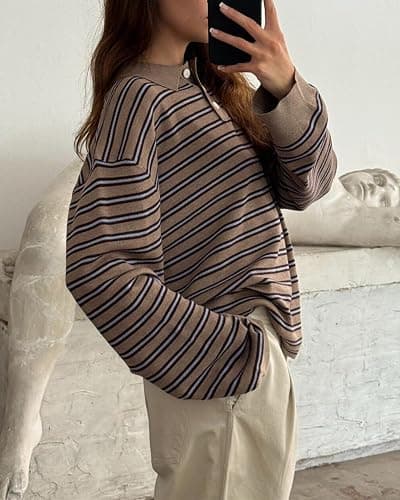 Oversized Striped Sweater for Women Collared Long Sleeve Preppy Polo Sweater Vintage Aesthetic Knitted Rugby Shirts thumbnail 2