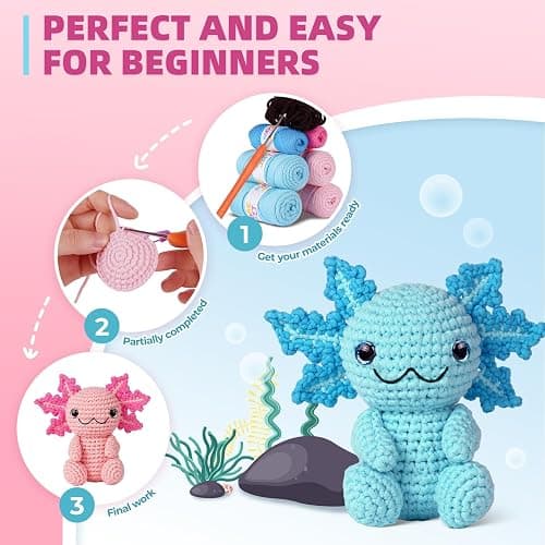 MOREJMTT Crochet Kit for Beginners, Crochet Animal Kits,Crocheting Kit for Starters with Step-by-Step Video Tutorials, Beginner Crochet Kits for Adults (2Pack Axolotl) thumbnail 8
