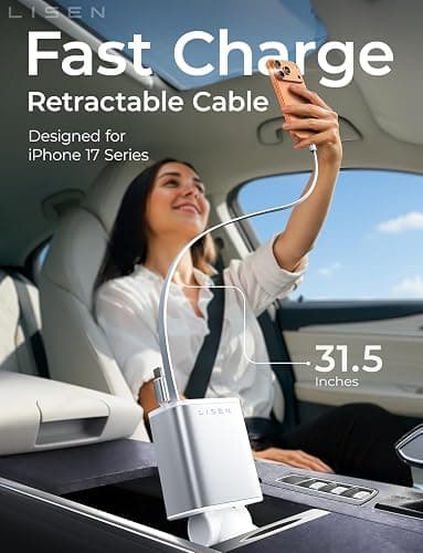 LISEN Retractable Car Charger for iPhone, for iPhone 17 Pro Max 16 15 14 13 12 Plus Mini, Cute 4 in 1 Retractable USB C Car Charger Fast Chareg for Women Men, 84W Fast Charging Car Accessorie thumbnail 2