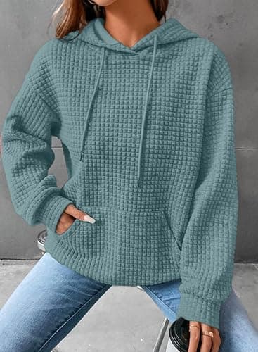 SHEWIN Womens Hoodies Casual Long Sleeve Drawstring Waffle Pullover Tops Loose Hooded Sweatshirt with Pocket thumbnail 3