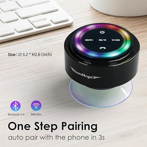 XLeader Shower Speaker, Upgraded,Certified IPX7 Waterproof, Mini Bluetooth Wireless Small Speaker with Lights, Suction Cup and Mic for Bathroom, Crystal Sound&Bass,12H Playtime, Ideal Electronic Gifts thumbnail 2