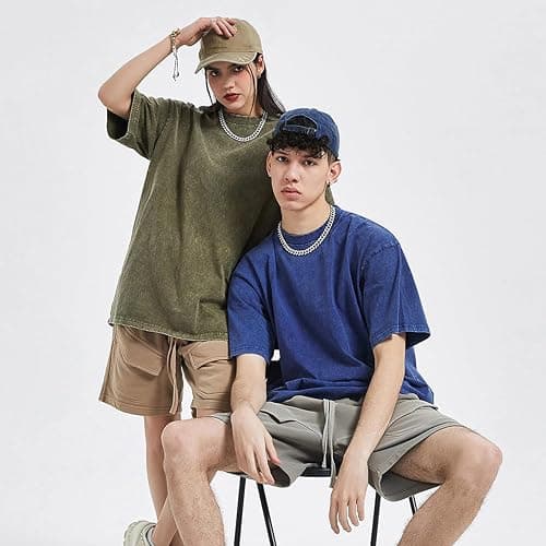 Men's Oversized Cotton T-Shirts Loose Fit Vintage Washed Tee Unisex Short Sleeve Casual Shirts Tops thumbnail 6
