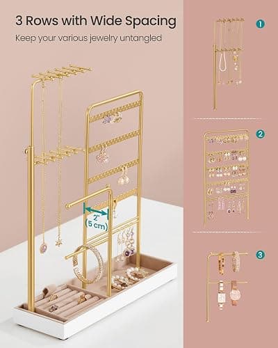 SONGMICS Jewelry Holder, Jewelry Storage Organizer Stand with Metal Frame, Velvet Tray, 12.1 to 18.7 Inches Tall Height Adjustable Necklace Holder, for Rings, Earrings, Pale Gold UJJS026A01 thumbnail 4