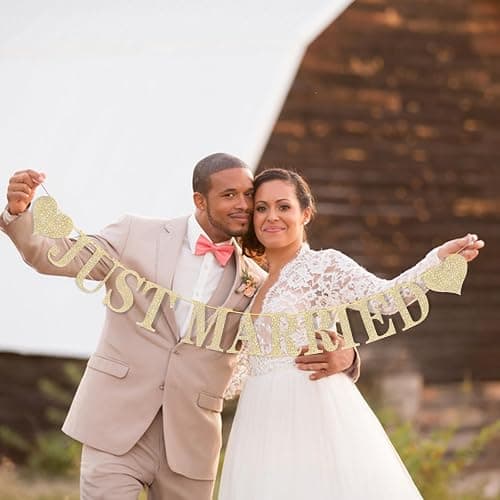 Pre-Strung Just Married Banner NO DIY Just Married Sign Gold Glitter Wedding Banner for Just Married Wedding Reception Ceremony Party and Car Decorations thumbnail 5
