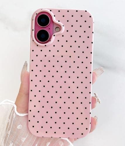Qokey Compatible with iPhone 16 Case, Black Polka Dot TPU Glossy Case, Cute Simple Aesthetics Design for Girls Women, Lightweight Soft Slim Protection Fashionable Cover - Pink thumbnail 5