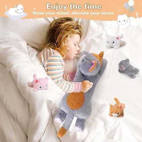 gnomantic 5 Pieces Cat Stuffed Animals with Babies Inside Belly - 1 Mommy Stuffed Cat with 4 Kittens - Stuffed Kitty Plush Toys for Kid Age 3-8, Gift Ideal for Christmas, Valentine's, Birthday (Grey) - Grey Cat thumbnail 5
