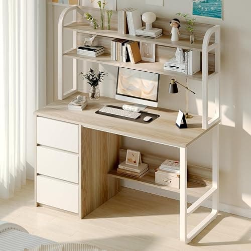 MaverickFurni Computer Desk with Hutch, 47 Inch Small Desk with 3 Drawers for Bedroom, Study Writing Desk with Shelves for Small Spaces, Adjustable Feet, Light Walnut thumbnail 8