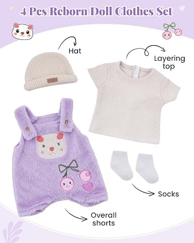 BABESIDE 4-Piece Baby Doll Clothes for 17-20 Inch Dolls, Purple Bear Outfit | Purple Bear Doll Outfit with Striped Top, Overalls, Bear-Ear Hat and Socks for Dress-Up and Pretend Play thumbnail 2