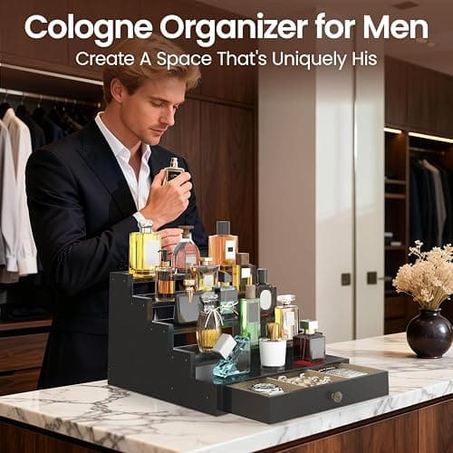MODOWEY Perfume Organizer Cologne Holder Stand for Men, Wooden Wide-Spaced Shelf with Drawer, 5 Tier Large Capacity Storage Rack for Dresser Countertop, for a Neat, Accessible Fragrance Display, Black thumbnail 9