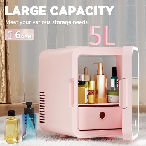 EUHOMY Mini Fridge, 5L AC/DC Small Refrigerator with Dimmable LED Mirror, Portable Cooler and Warmer for Skin Care, Cosmetics, Beverage, 5L Makeup Mini Skincare Fridge for Bedroom, Car, Office, Pink thumbnail 2