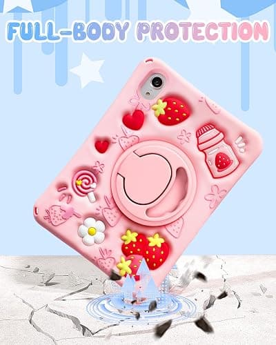 Boaretiu for iPad mini 7 A17 Pro Case for iPad mini 7th/6th Generation - Soft Silicone Cute Cartoon with Shoulder Strap & Rotating Stand Kawaii for Women Girls Girly Kid Teens Cover, Strawberry thumbnail 7