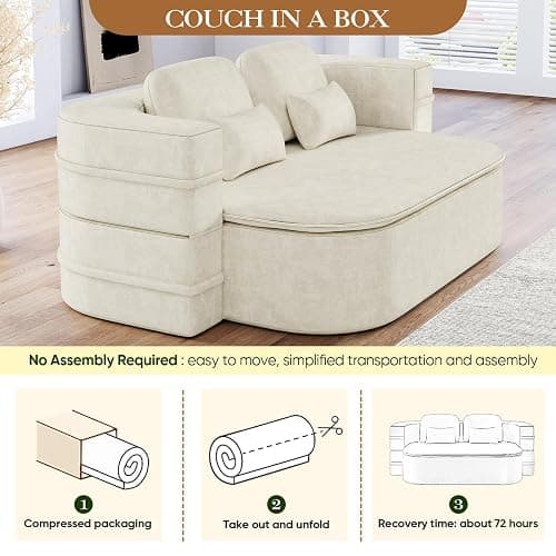 Antetek Convertible Sleeper Sofa, Modern Folding Futon Chenille Floor Foam Compression Loveseat Sofa Bed Couch, Foldable Full-Size Guest Bed with 4 Pillows for Living Room Bedroom Apartment, Beige thumbnail 6