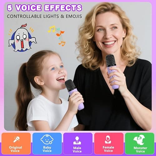 Mgaolo Upgraded Mini Karaoke Machine Toy for Kids, Portable Bluetooth Speaker with 2 Wireless Mics, Emoji & Colorful LED Lights, Home Travel & Party Play Gifts for Boys Girls (Purple) thumbnail 5