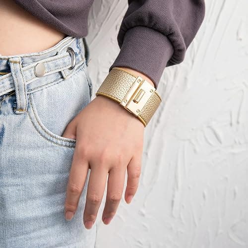 Rantanto Braid Leather Wrap Bracelet Trendy Stackable Crystal Cuff Boho Gold Heart Bracelet Jewelry Gift For Women - Wide Gold thumbnail 4