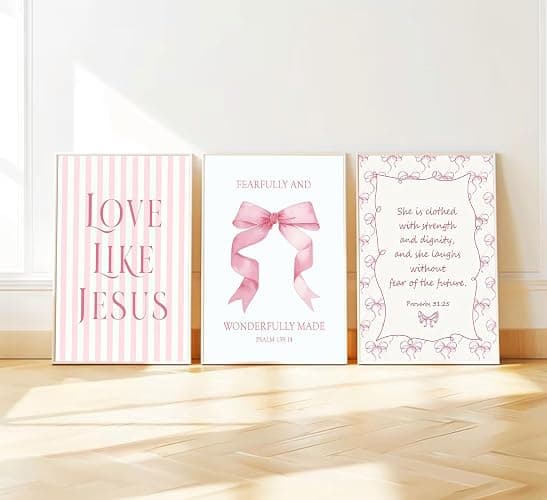 3Pcs Pink Christian Wall Art Coquette Bow Canvas Poster Print Inspirational Bible Verses Eclectic Aesthetic Preppy Painting Wall Decor for Teen Girls Bedroom Apartment 12x16in Unframed thumbnail 5