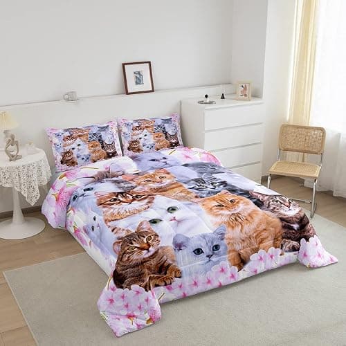 Feelyou Kids Cartoon Toddler Bedding Set Cute Animal Flowers Comforter Set Boys Girls Pink Comforter Cat Decor Quilt Set with 1 Pillowcase 2Pcs Twin Bedding thumbnail 2