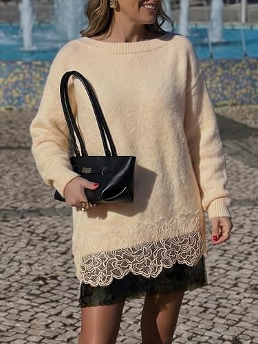 Saodimallsu Womens Lace Patchwork Sweater Long Sleeve Boat Neck Pullovers | Floral Hem, Convertible Neckline, One-shoulder Styling, Soft Knit, Relaxed Fit, Date Night, Office thumbnail 3