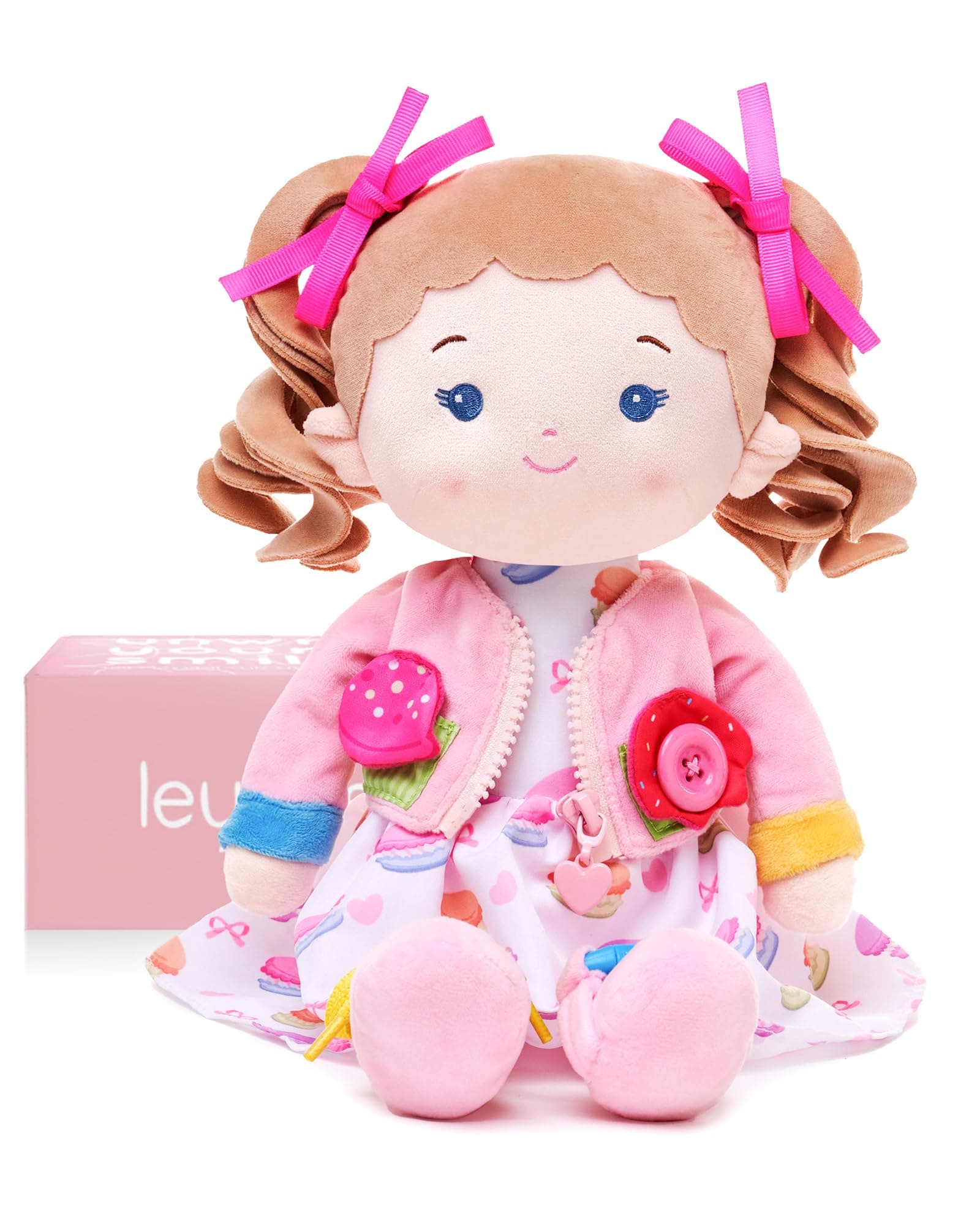 LeyaDoll Learning Sensory Doll (16") for Toddlers, Montessori Toys for 2-Year-Old Girls Christmas, Birthday Gifts, Plush Doll with Zipper, Shoelace, Button-Busy Flora Girl-Cupcake Girl - Image 1