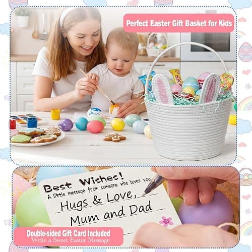 BEIYANA Easter Basket for Kids, Cute Bunny Easter Basket with Removable Ears & Writable Name Tag, Personalized Cotton Rope Woven Empty Easter Basket, First Easter Gift for Toddlers Boys Girls (Pink) thumbnail 7