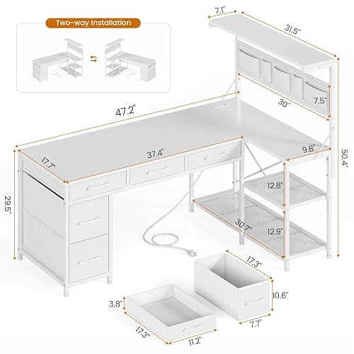 SEDETA Corner Computer Desk, Reversible L Shaped Computer Desk with Fabric Drawers and Power Outlet, 47.2” Gaming Desk with LED Lights, Storage Shelves and Hutch, White thumbnail 2