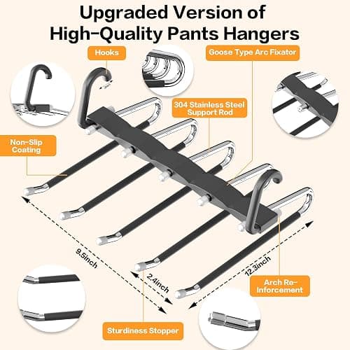 Pants Hangers Space Saving - 2 Pack Closet Organizer and Storage Jean Hangers, Stainless Steel Anti-Slip Clothes Hanger Scarf Holder for Pants Jeans Leggings Trousers Pant Rack, Black thumbnail 2