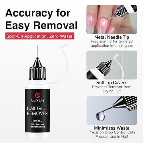 Curvlife 20ml Pinpoint Nail Glue Remover for Press on, Multi-Functional Remover for Nails Tips, Gentle Glue Remover for Gel x Nails, Non-Acetone Nail Polish Remover thumbnail 4