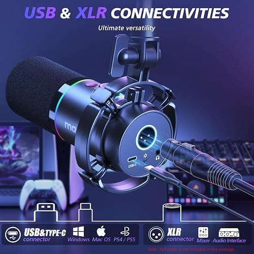 MAONO XLR/USB Dynamic Microphone Kit, RGB Podcast Mic with Software, Mute, Gain Knob, Volume Control, Boom Arm for Streaming, Gaming, Voice-Over, Recording-PD200XS Black thumbnail 2
