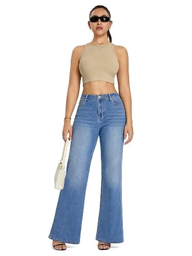 QICAMO High Waisted Wide Leg Flared Jeans for Women, Stretchy Loose Bell Bottom Jean with 5-Pocket thumbnail 4