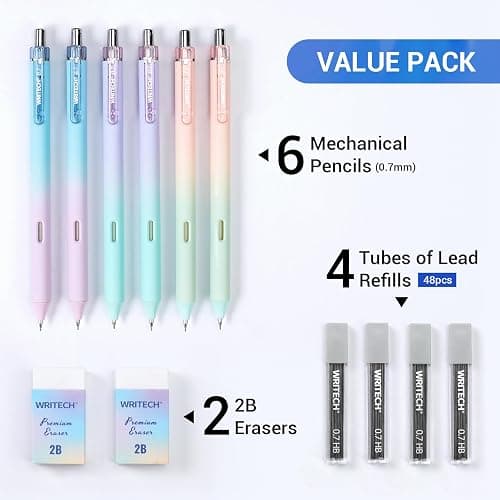 WRITECH Up Mechanical Pencil Set: 6ct Gradient Barrel 0.7mm Mechanical Pencils with 4 Tubes of HB Lead Refills and 2 Extra Erasers for Writing Drawing Sketching Drafting thumbnail 7