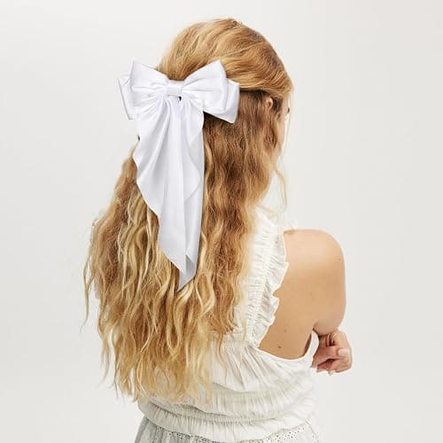 MIKONIKO Silky Satin Hair Bows for Women Girls - 4PCS Ribbon Bows for Hair, Big Bow Hair Clips with Long Tail, Barrettes - Cute Hair Accessories Gifts (Black, Navy, Butterfly, White) - Black, Navy, Butterfly, White thumbnail 3