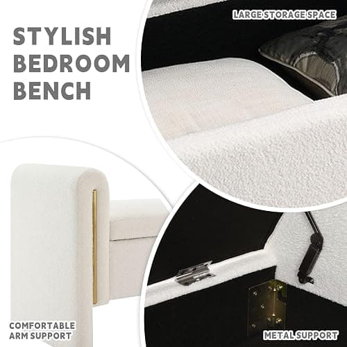 QianYueLUX Modern 52" Storage Ottoman Bench, Upholstered End of Bed Storage Bench with Armrests, Entryway Bench, Teddy Foot Rest Stool for Living Room Hallway Bedroom (White) thumbnail 3