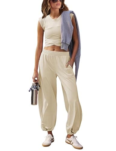 Womens 2 Piece Sweatsuits Sets Casual Workout Cropped Tee Top High Rise Sweatpants Athletic Tracksuits - Image 1