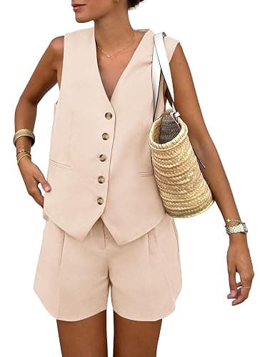 PRETTYGARDEN Women's Summer 2 Piece Outfits Sleeveless Matching Sets Button Down V Neck Vest Waistcoat and Pockets Shorts - Image 1