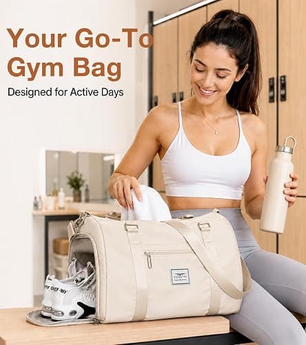 FIORETTO Womens Gym Tote Duffle Bag with Wet Pocket & Shoe Compartment, Sports Duffel Overnight Weekender Hospital Workout Carry on Bag for Girls, Ideal for Travel, Swimming, Dance, Ballet Beige thumbnail 2