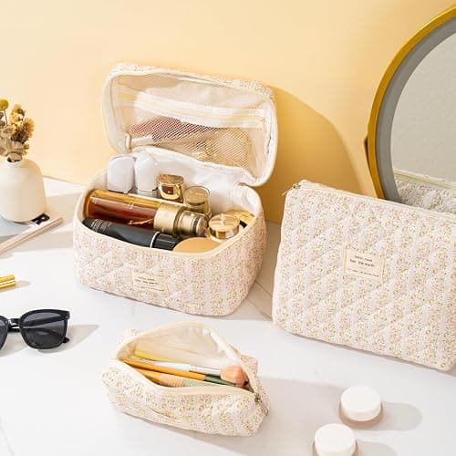UUYUUY Makeup Bag for Women 3PCS Quilted Cotton Make Up Bag Travel Cosmetic Bag Large Makeup Bag Set Cute Makeups Organizer Floral Toiletry Pouch for Purse, Pink Floral C thumbnail 2