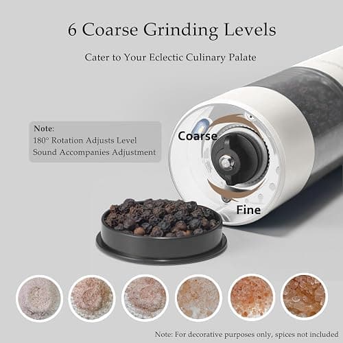 Electric Salt and Pepper Grinder Set with USB Rechargeable, Automatic One Hand Operation with Adjustable Coarseness, Pepper Mill Grinder Refillable with LED Light (2 Packs, Black&White) thumbnail 6