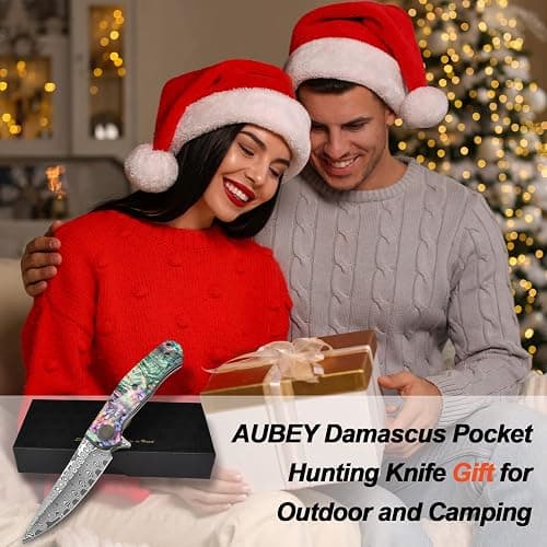 AUBEY Damascus Pocket Knife for Women Men, Sharp 3.23" Damascus Steel Blade Knife with Clip, EDC Hunting Knives with Abalone Shell Handle, Gift for Camping Outdoor thumbnail 9