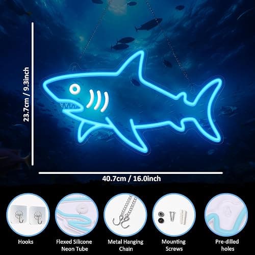 CoolGift Mart Shark Neon Sign, Dimmable LED Shark Light Animal Wall Decor, Christmas Gift White Elephant Gifts for Boys Men, Bedroom Living Room Man Cave Home Decoration With USB Powered thumbnail 2