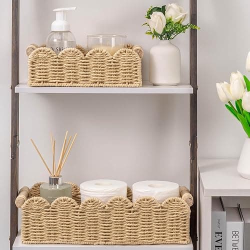 CubesLand Scalloped Edge Toilet Paper Storage Basket, Living Room Home Cozy Decor Basket, Paper Rope Small Baskets for Over Toilet Storage Shelf, End Table, Shelves, with 2 Wooden Handles, Beige thumbnail 5