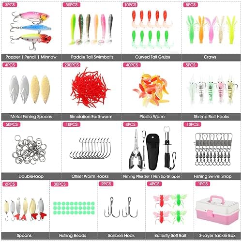 RoundFunny 3 Layers Fishing Tackle Box 414 Pcs Fishing Lures Kit with Tackle Included, Pliers, Lip Gripper, Soft Baits, Hooks & Accessories Bait Lure Gear Gift for Beginners Women Men(Pink) thumbnail 4