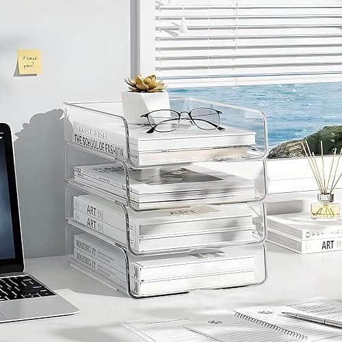 OUTIOE 4-Tier Paper Organizer for Desk, Stackable Desk Organizer Paper Tray, Ideal for Office Supplies, A4 Storage (Clear, 4-Tier) thumbnail 5
