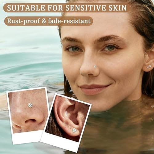 Hypoallergenic 14K Gold Plated Nose Rings Studs Set for Women Men:316L Stainless Steel Clicker Nose Rings,Dainty CZ L Shaped/Corkscrew/Straight/Clear Nose Studs,Nostril Piercing Jewelry 15PCS thumbnail 2